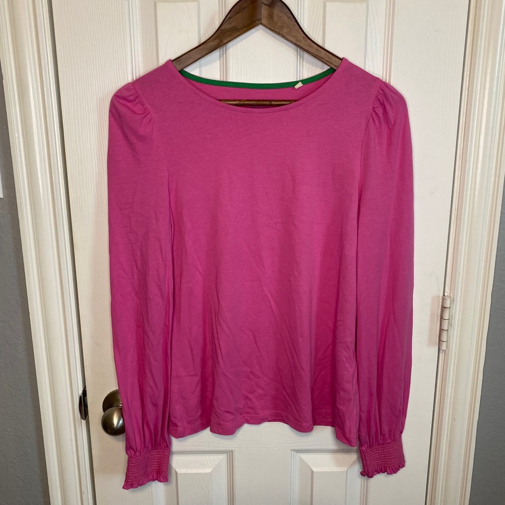 Boden Pink Cotton Jersey Puff Shoulder Top Womens 8 Smocked Cuff Long‎ Sleeve